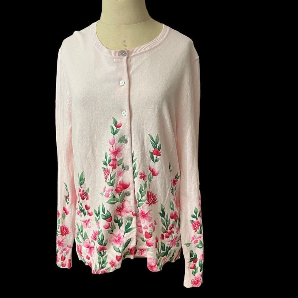 Karen Scott Lt. Pink/Roses Embroidered Cardigan Sweater / SZ: M / NWOT